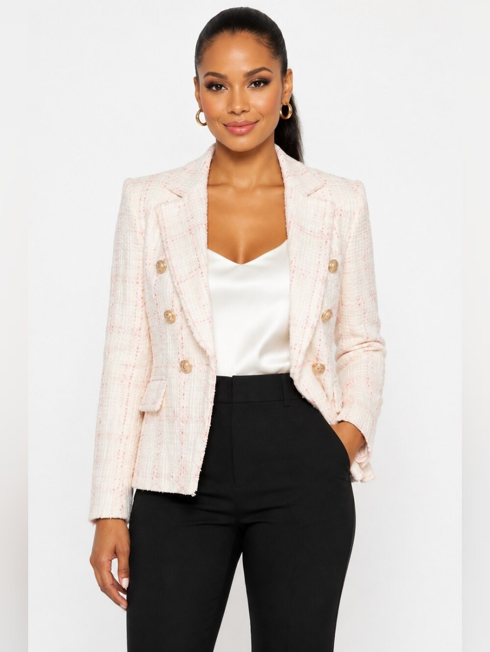 NWT Generation Love Eliza Tweed Blazer Cream Pink Double Breasted Gold Button M